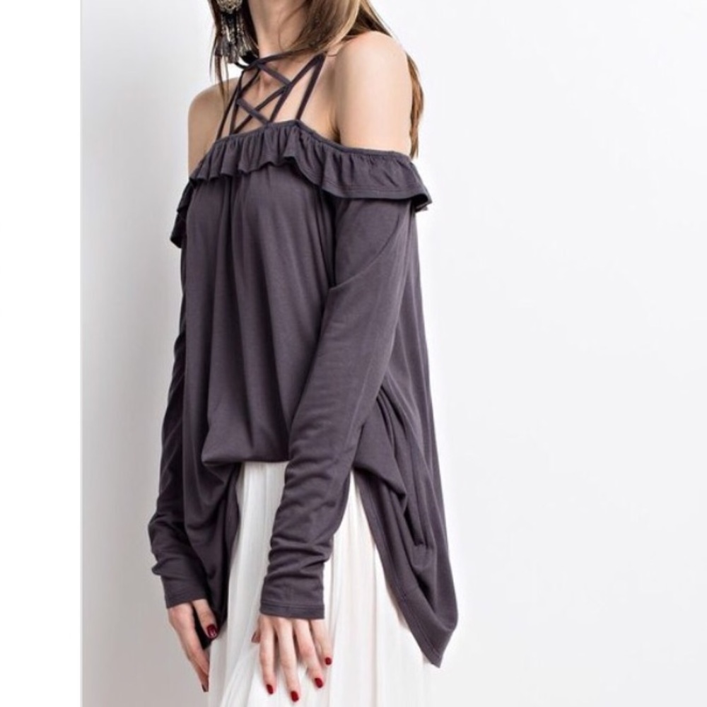 Graphite lace up ruffle top - Picture 3 of 5